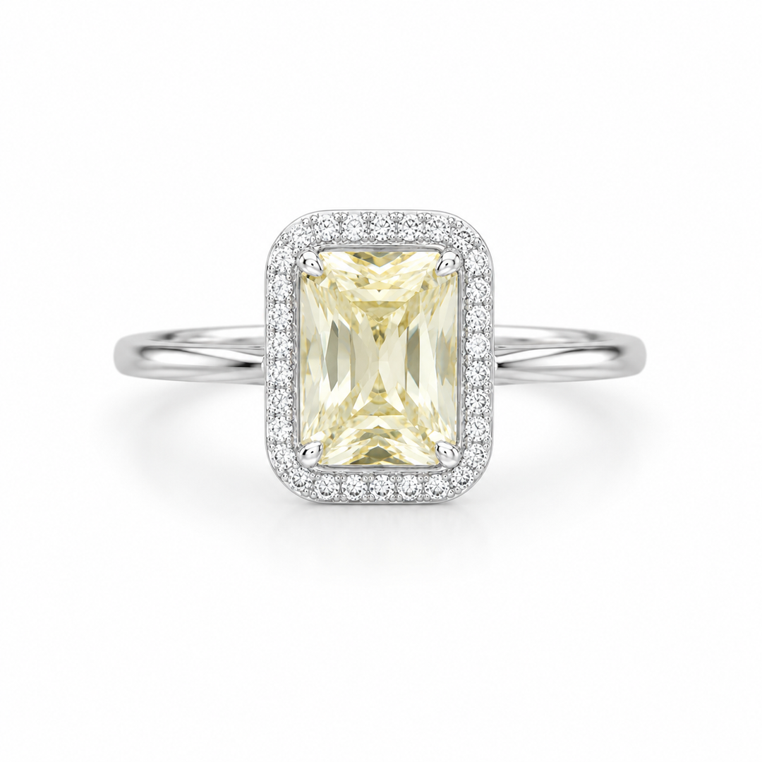 Champagne Emerald Halo Silver Ring