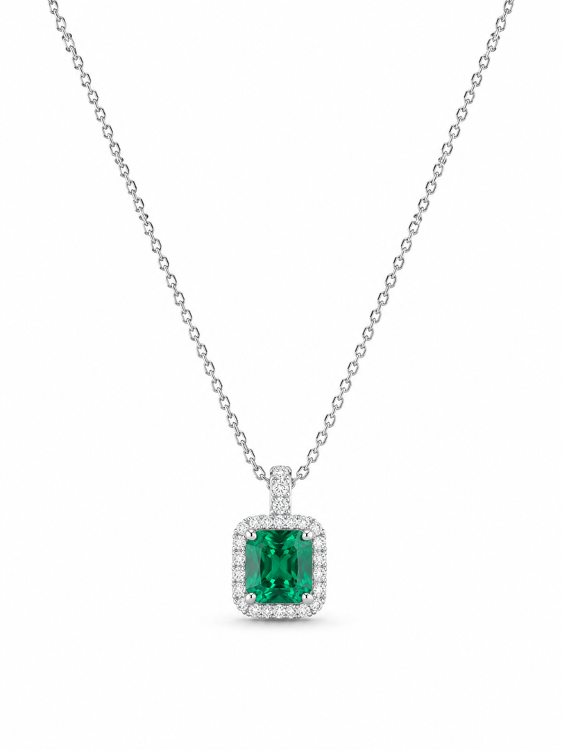Silver Emerald Green Halo Necklace