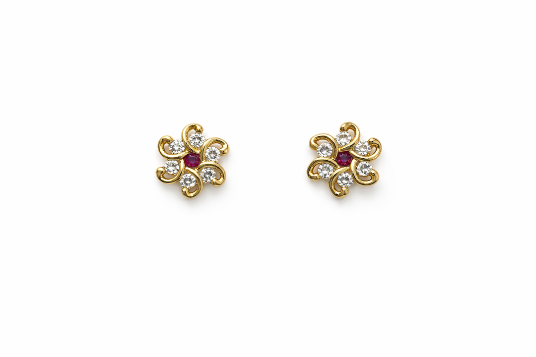 Floral Ruby Crystal Gold Polished Stud Earrings
