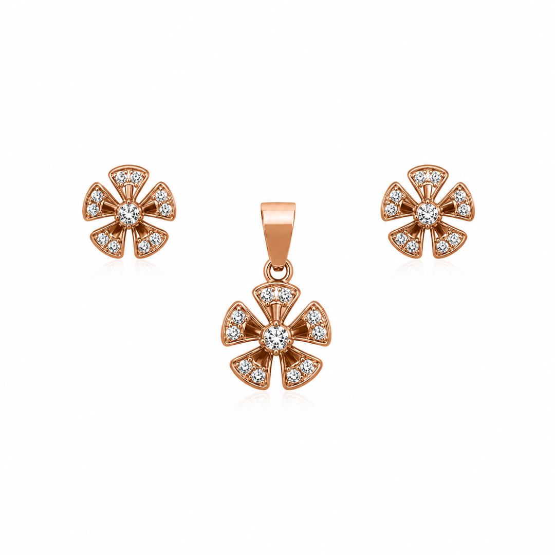 Rose Gold Floral Sparkle Pendant & Stud Earrings Set