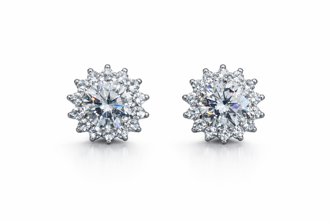 Round Cut Halo Silver Stud Earrings
