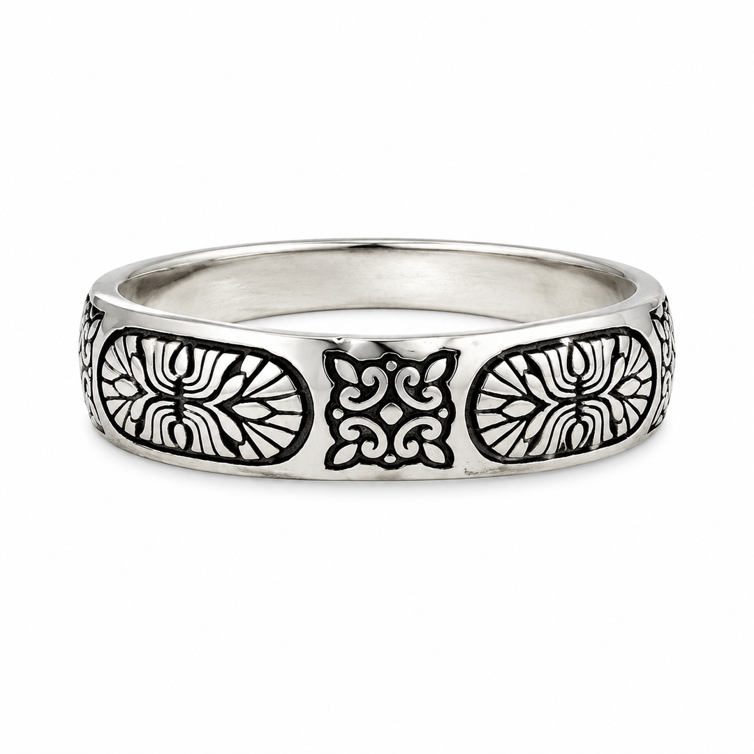 Floral Oxidised Silver Band Ring