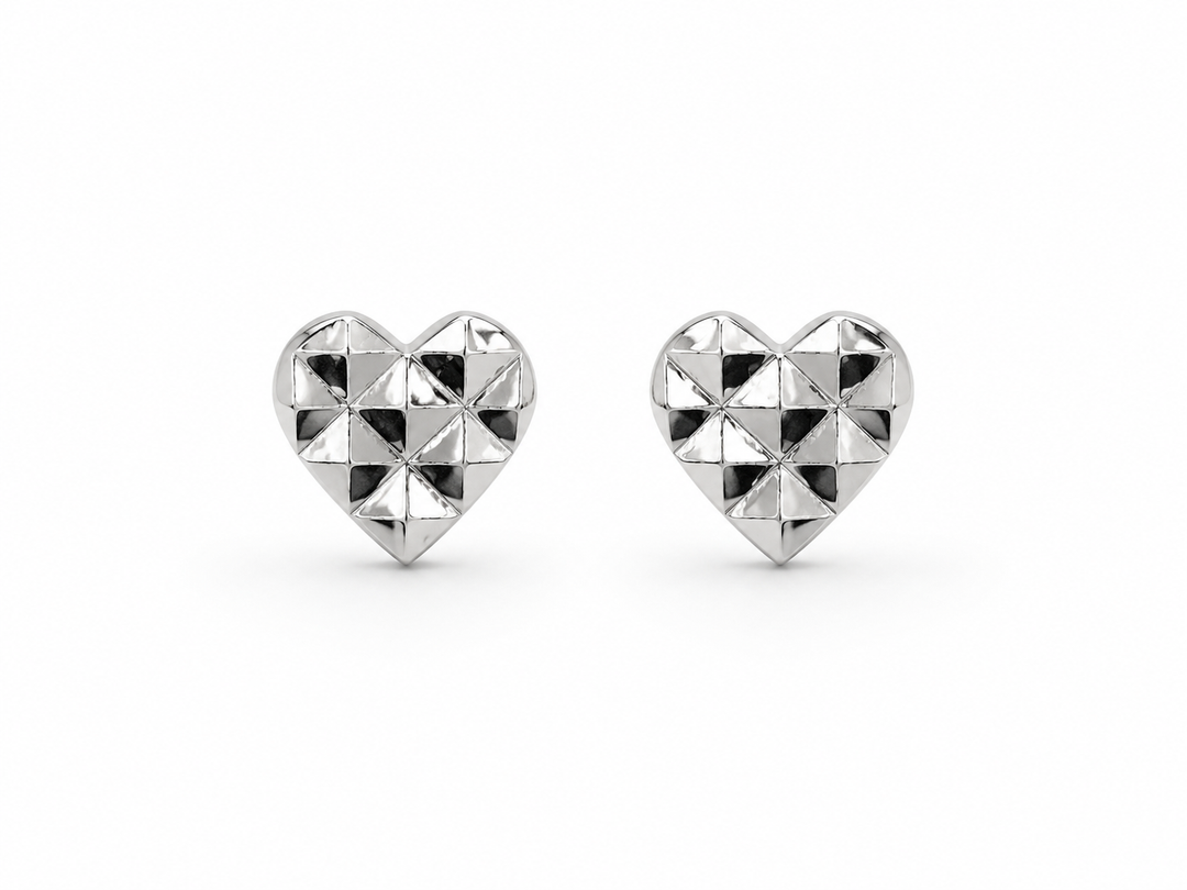 Geometric Heart Silver Stud Earrings