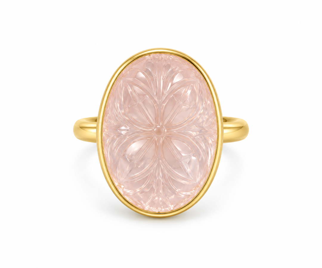Golden Carved Rose Quartz Statement Ring
