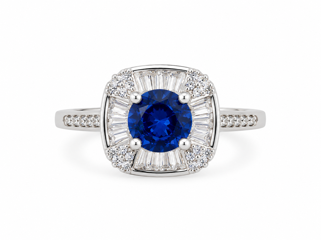 Royal Blue Halo Sterling Silver Ring