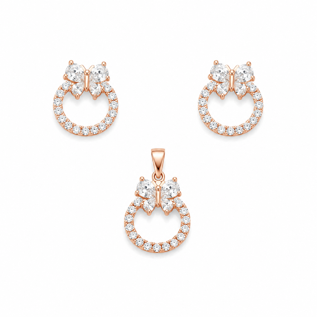 Butterfly Halo Pendant & Stud Earrings Set