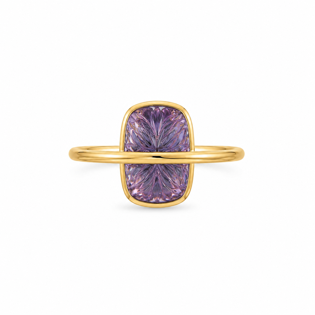 Golden Carved Amethyst Statement Ring