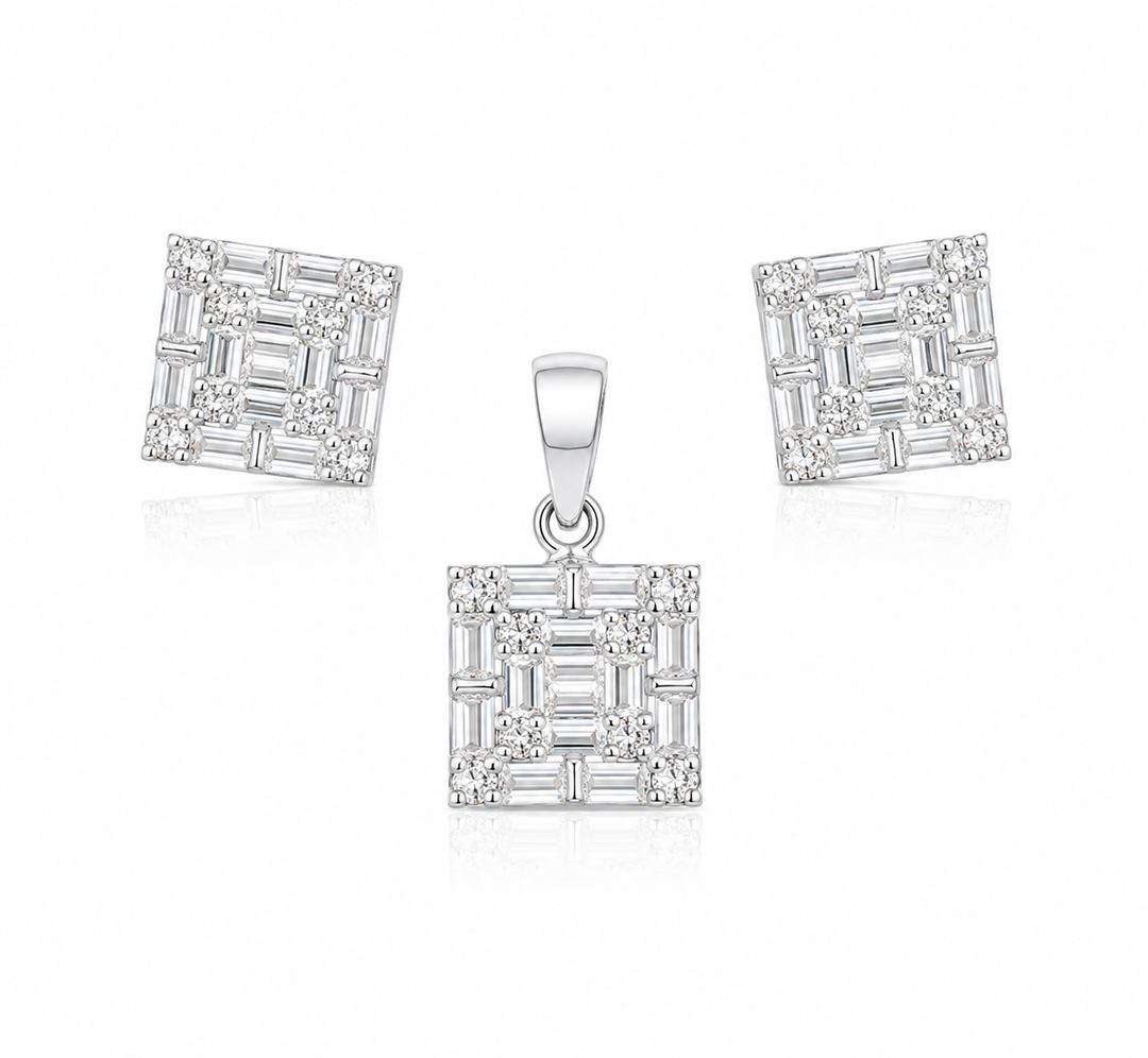 Geometric Baguette Sparkle Pendant & Stud Earrings Set