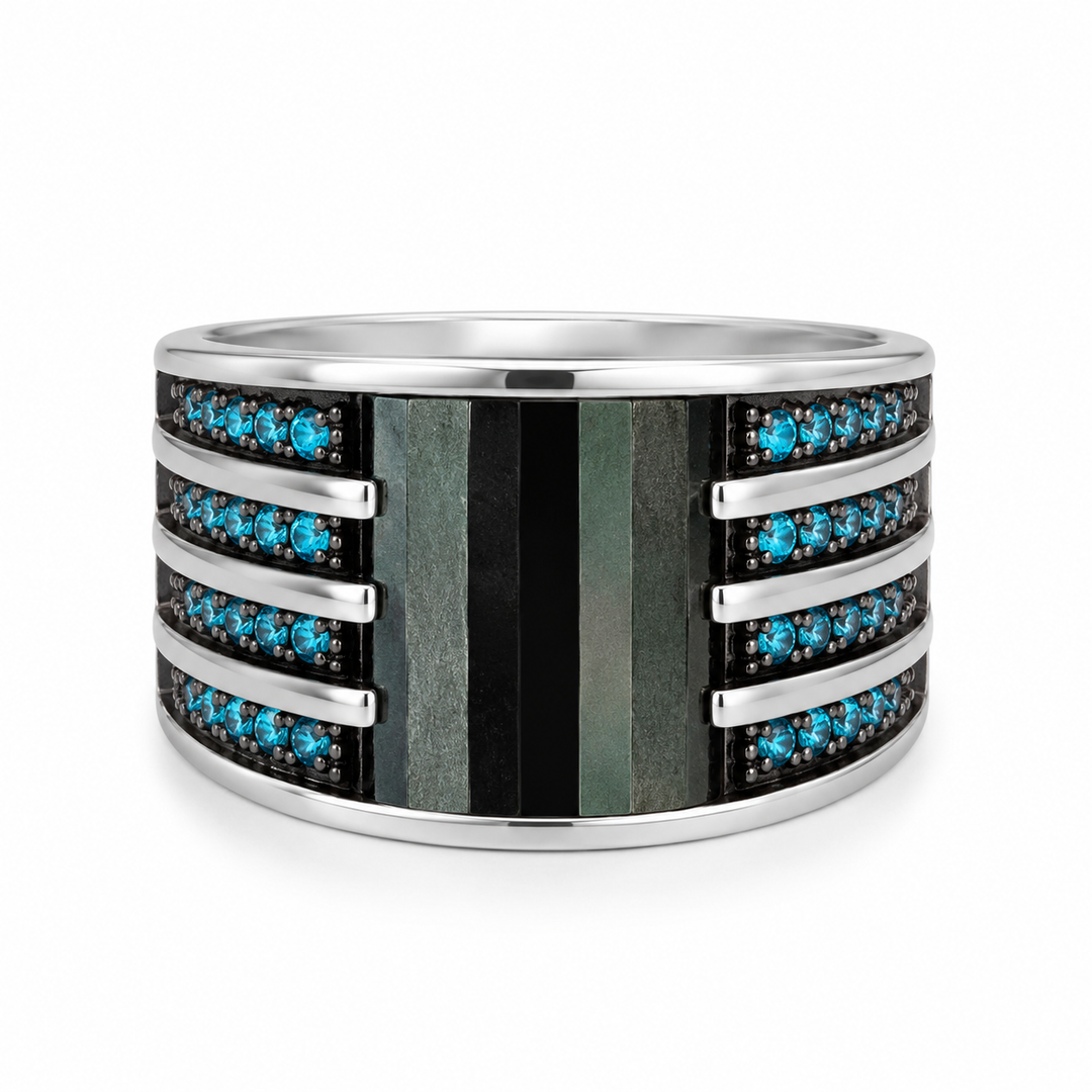 Blue Stone Striped Silver Band Ring