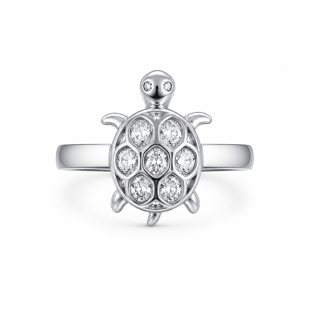 Crystal Shell Turtle Silver Ring