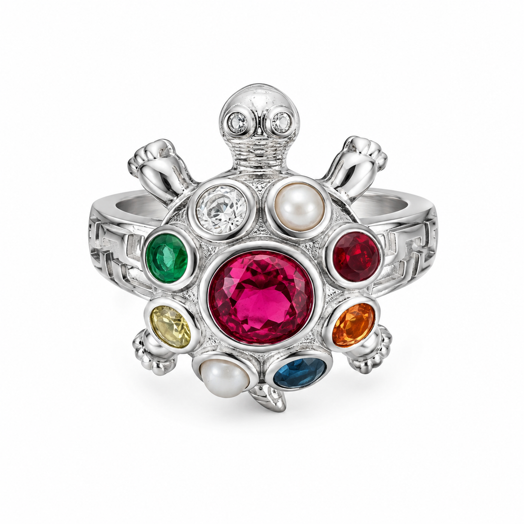 Ruby Navratna Turtle Silver Ring