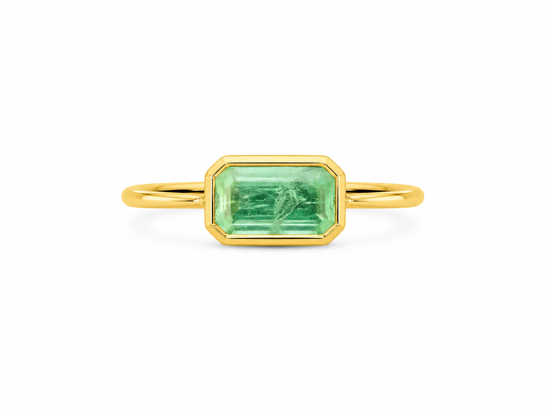 Golden Emerald-Cut Emerald Solitaire Ring