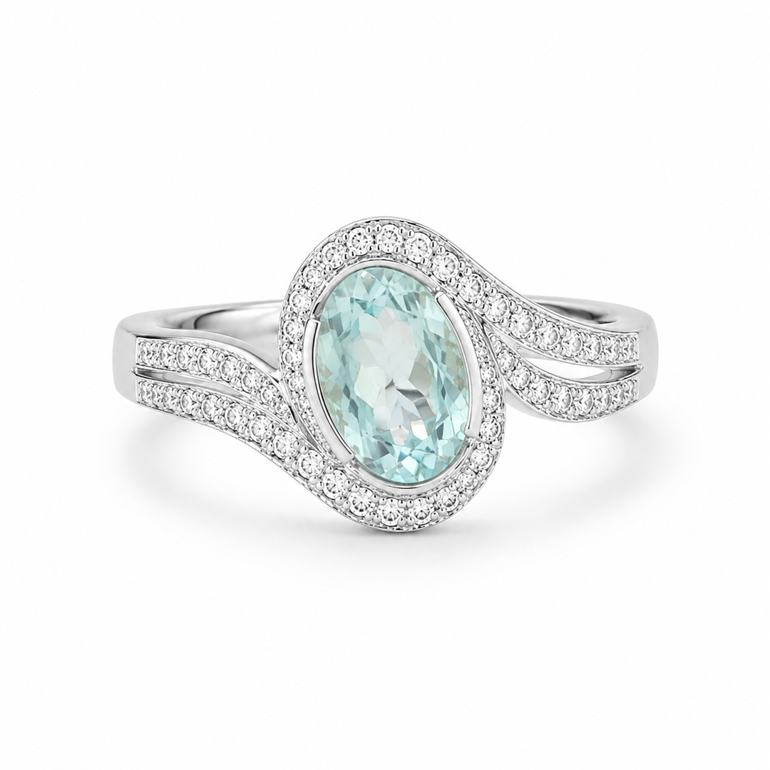 Aqua Oval Halo Silver Ring