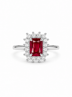 Load image into Gallery viewer, Ruby Red Emerald-Cut Halo Silver Ring