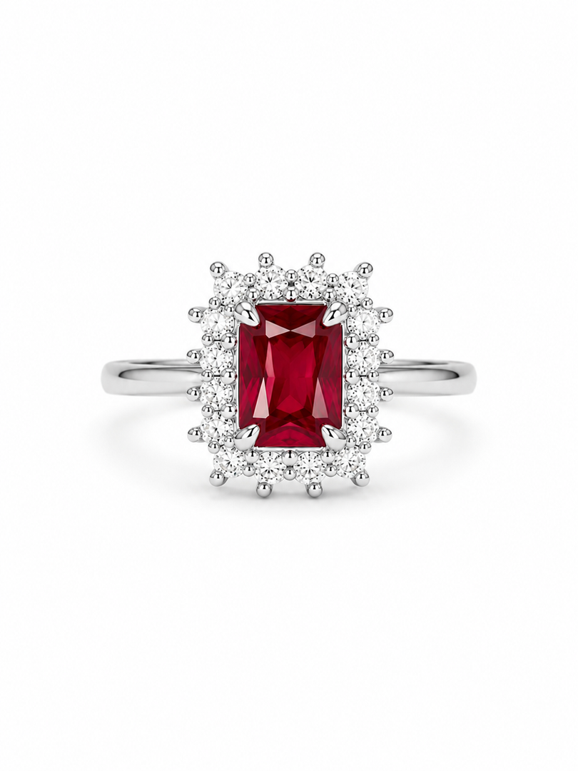 Ruby Red Emerald-Cut Halo Silver Ring