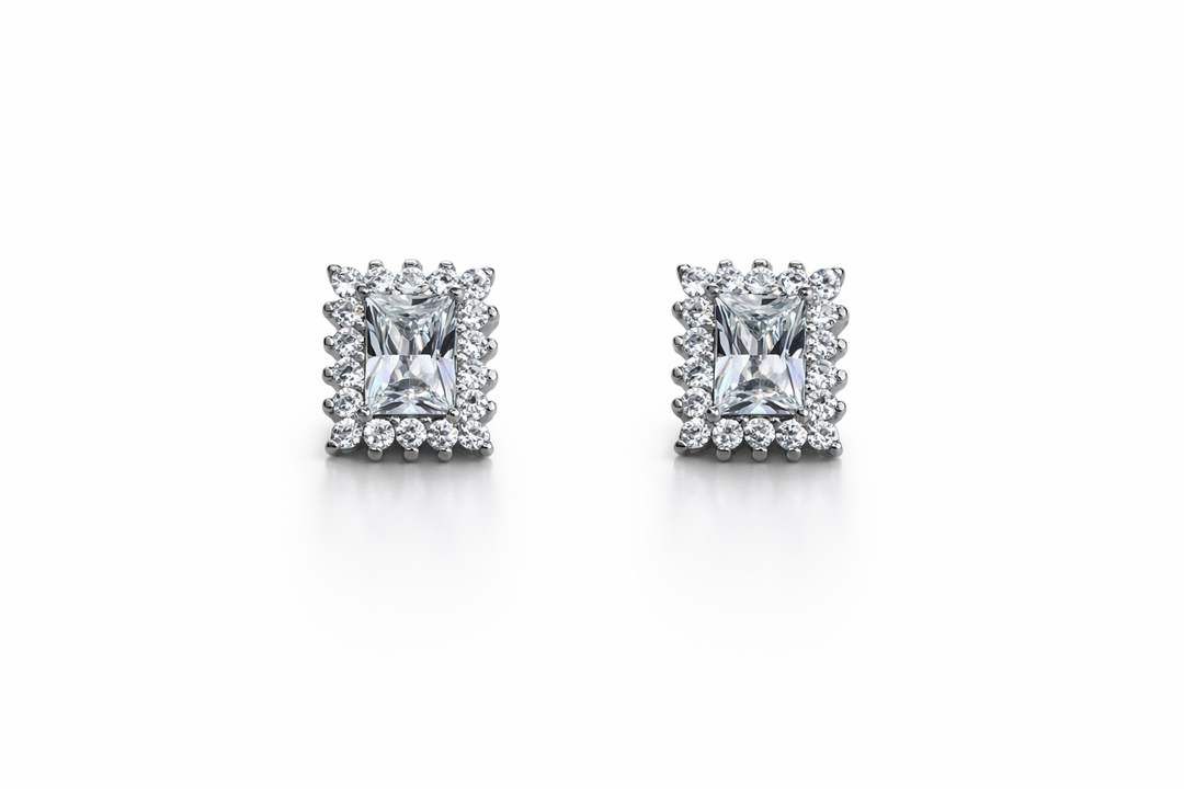 Princess Cut Halo Silver Stud Earrings
