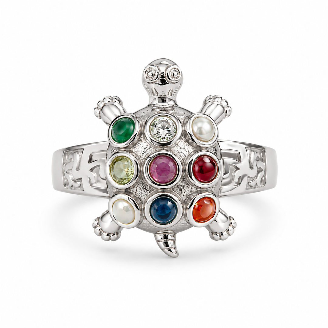 Navratna Turtle Silver Ring