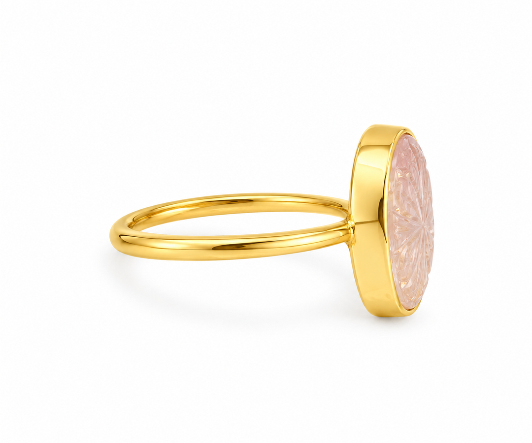 Golden Carved Rose Quartz Statement Ring