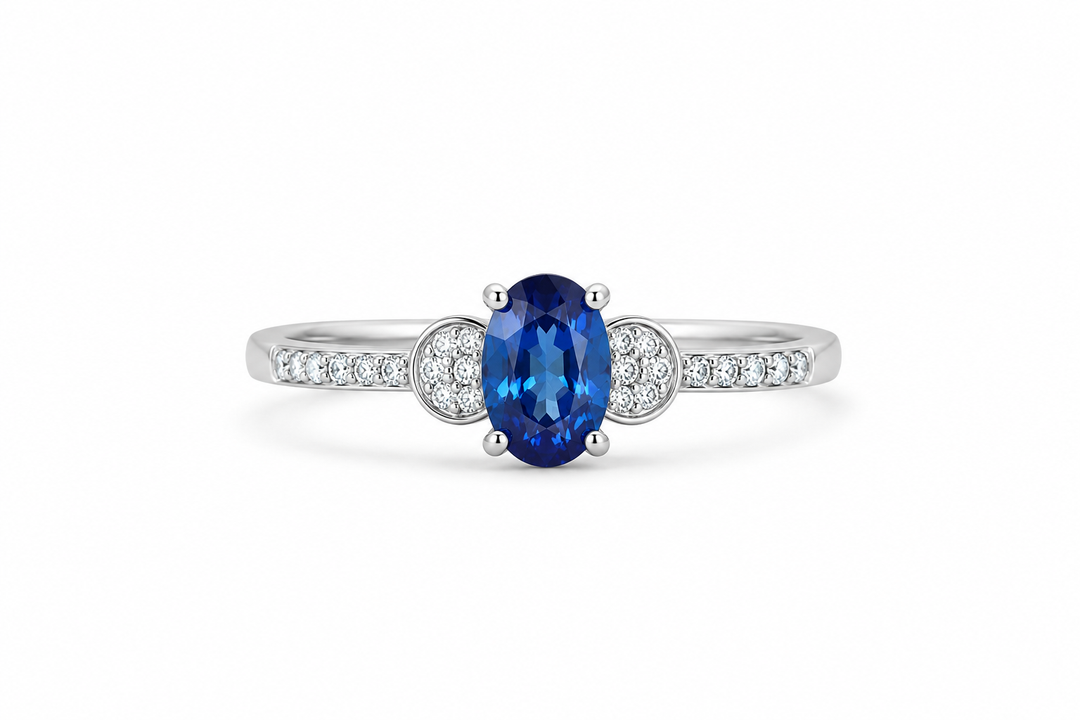Royal Blue Oval Halo Sterling Silver Ring