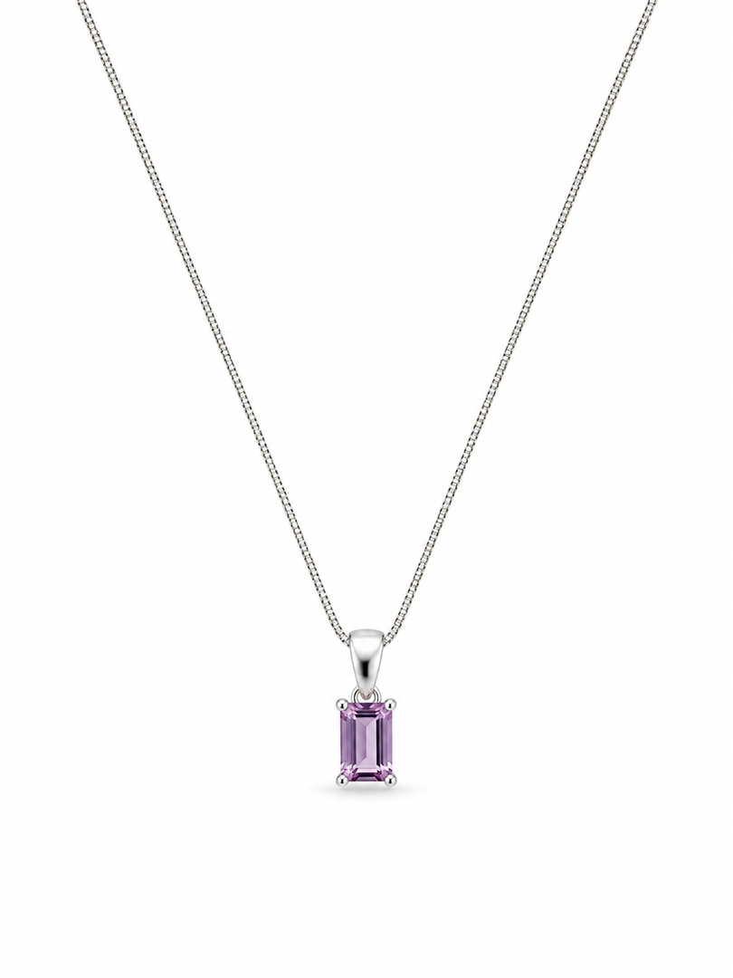 Silver Purple Emerald-Cut Stone Necklace