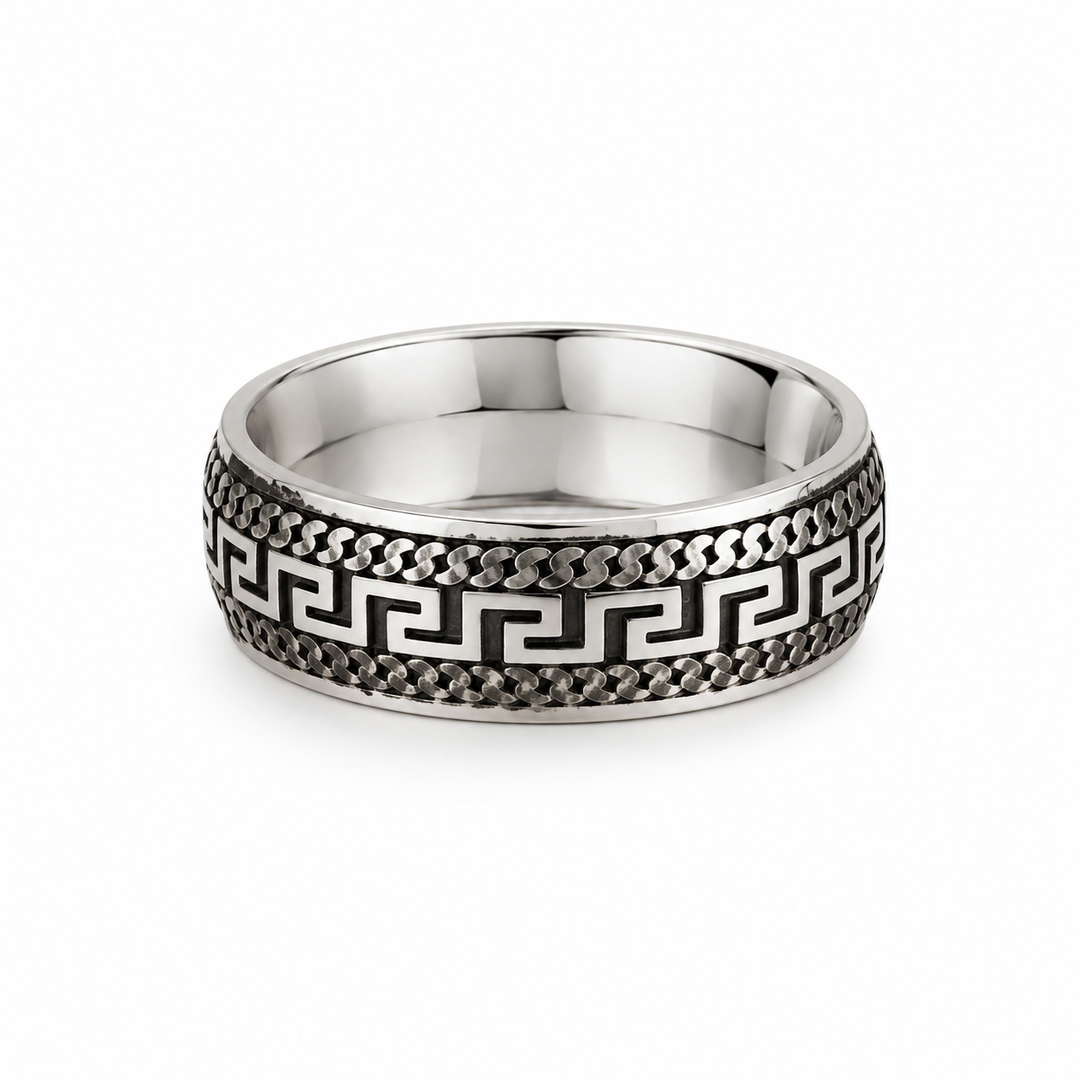 Greek Key Oxidised Silver Band Ring