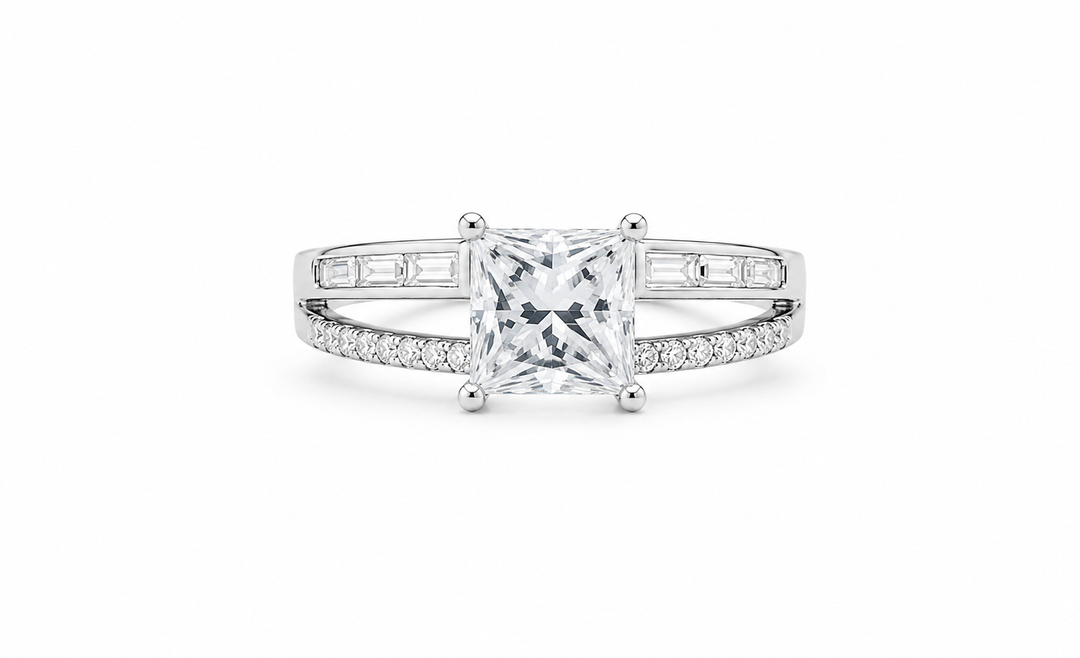Princess Cut Split Shank Sterling Silver Engagement Ring