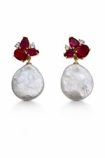 Load image into Gallery viewer, Ruby Crystal &amp; Pearl Gold Polished Drop Earrings