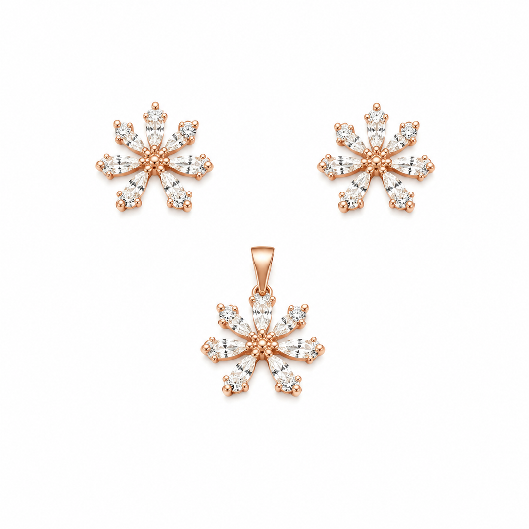Rose Gold Floral Bloom Pendant & Stud Earrings Set