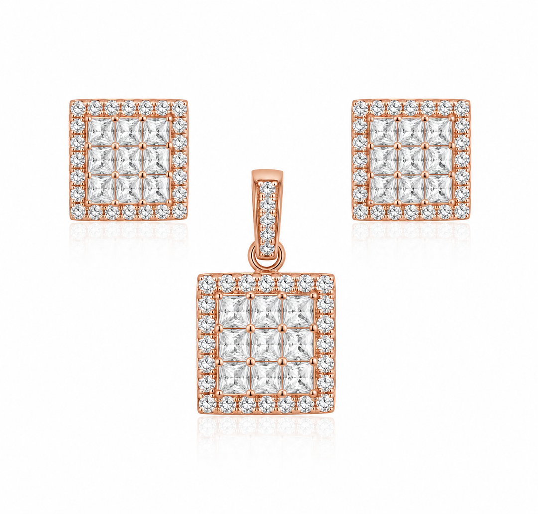 Rose Gold Princess Halo Pendant & Stud Earrings Set