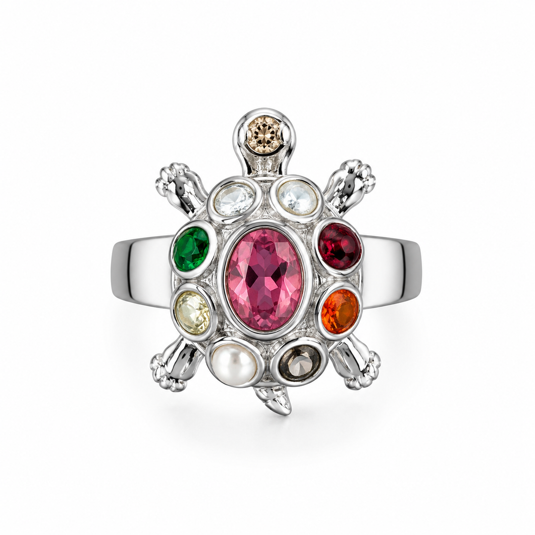 Pink Navratna Turtle Silver Ring