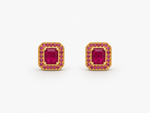 Load image into Gallery viewer, Ruby Square Halo Gold-Tone Silver Earrings
