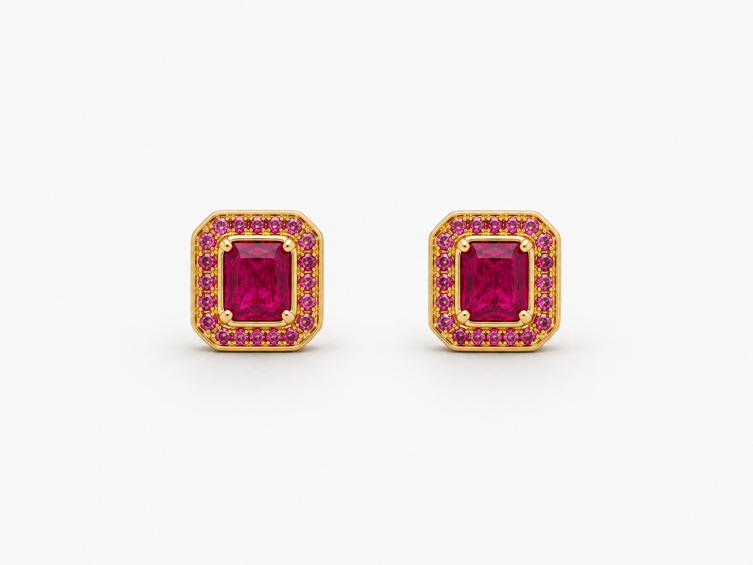 Ruby Square Halo Gold-Tone Silver Earrings