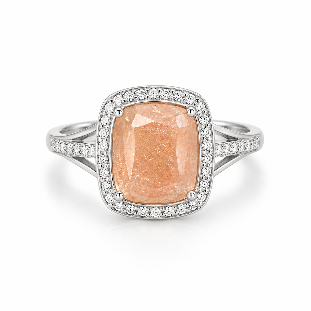 Peach Cushion Halo Silver Ring