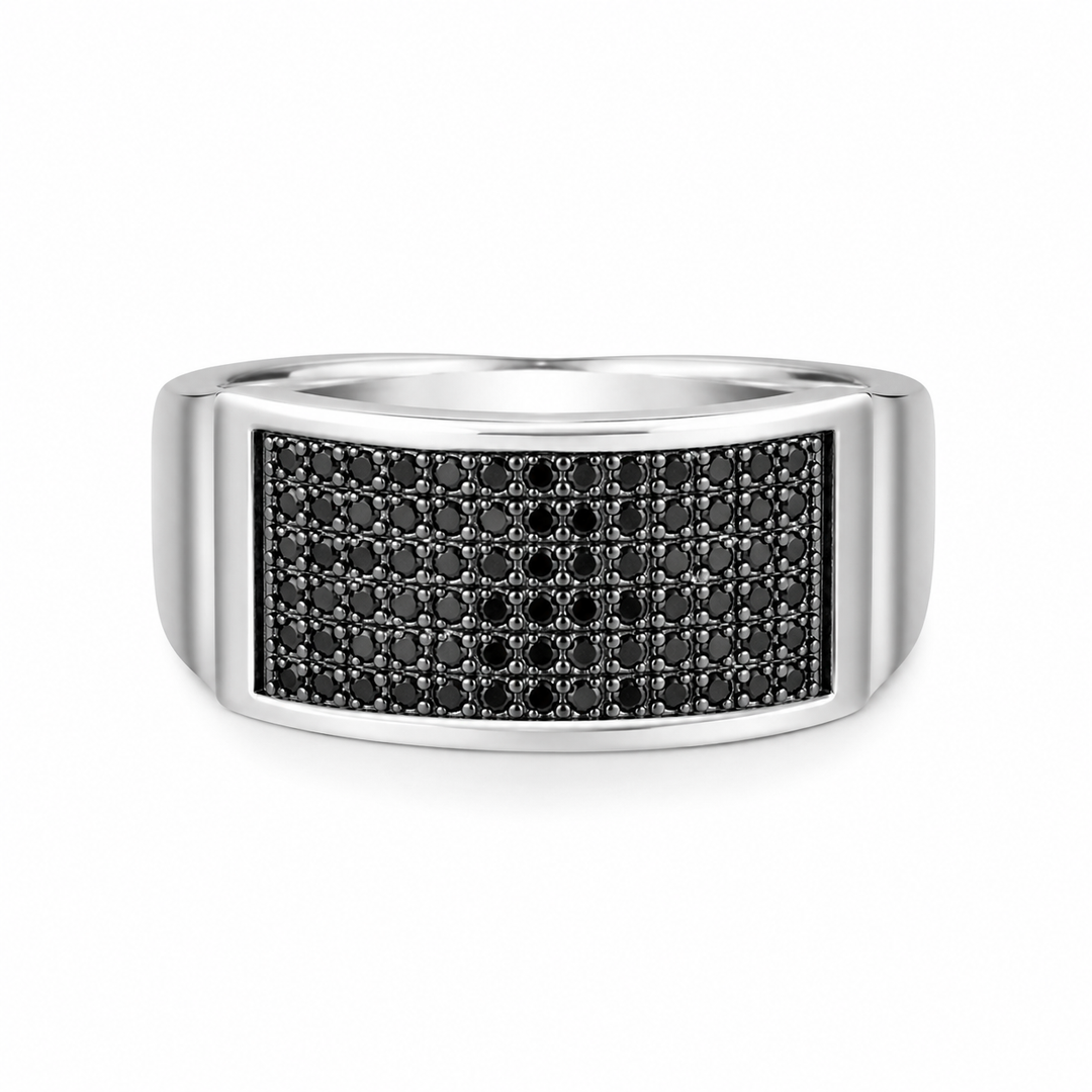 Black Stone Wide Silver Band Ring