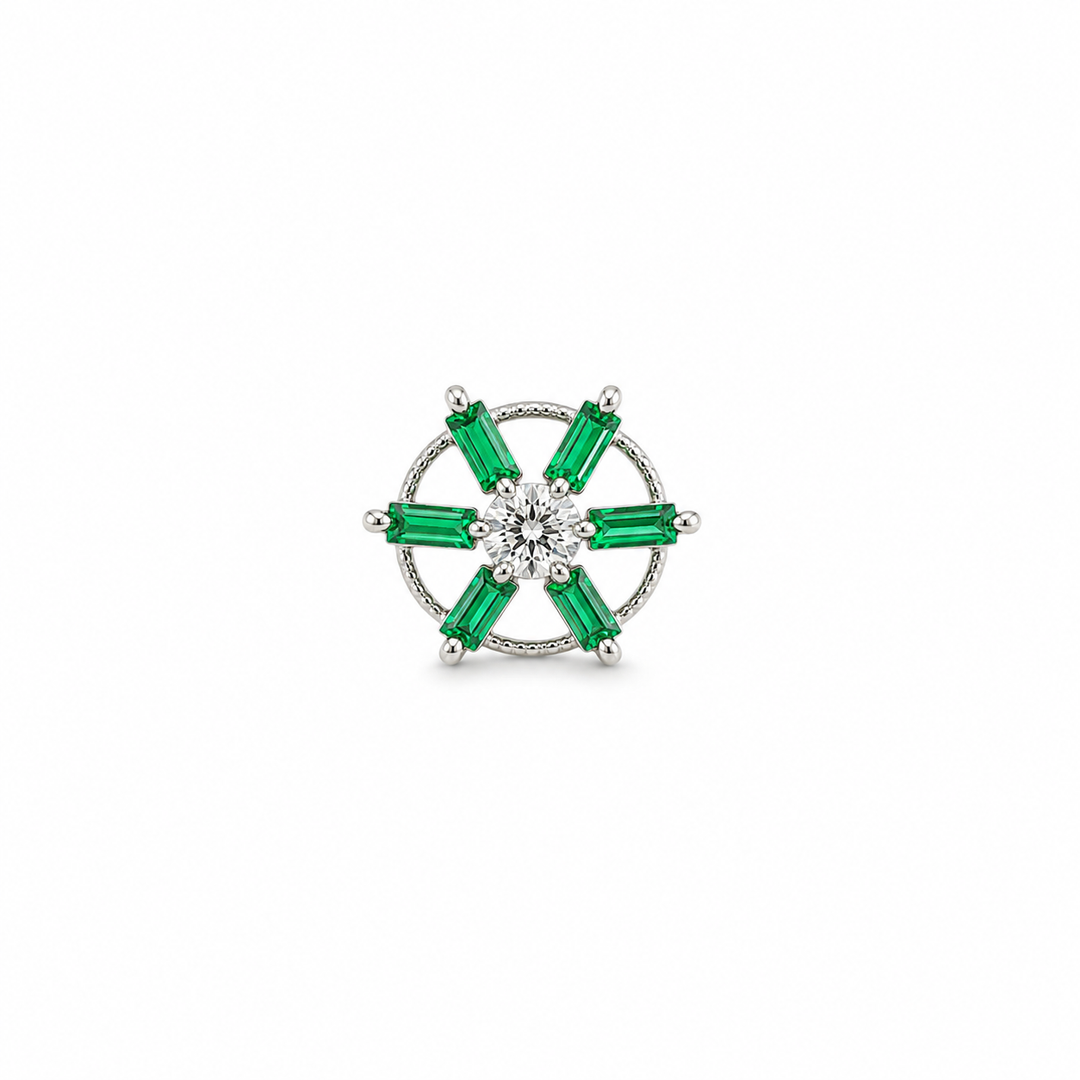 Emerald Baguette Floral Sterling Silver Nose Pin