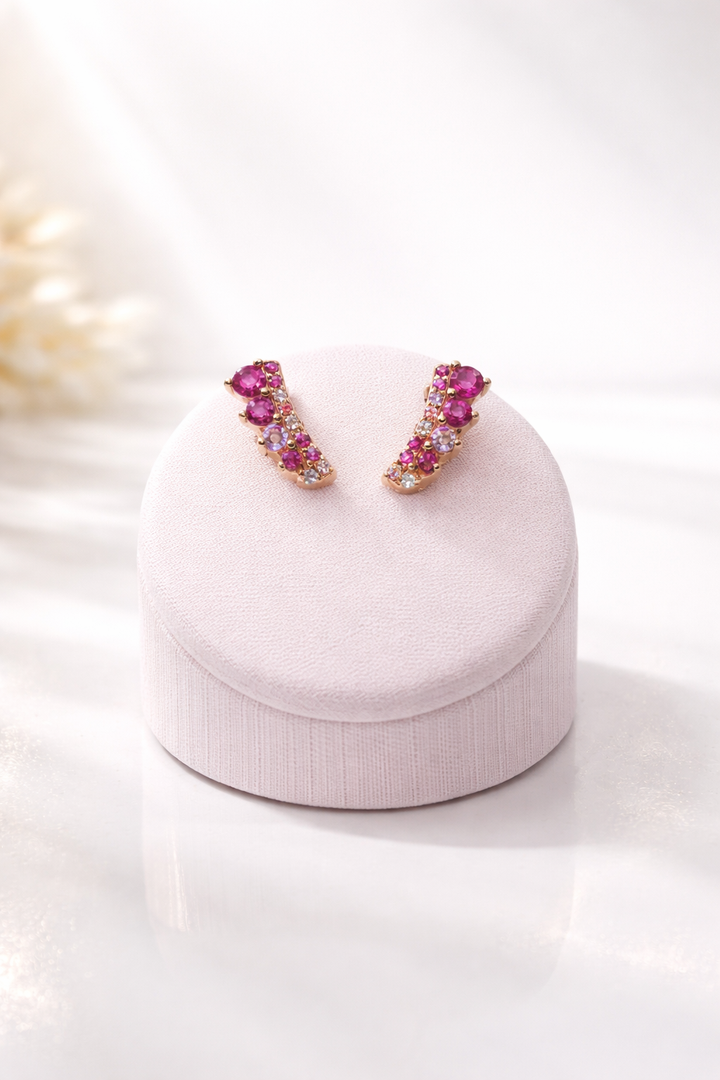 Pink Crystal Push-Back Stud Gold Polished Earrings