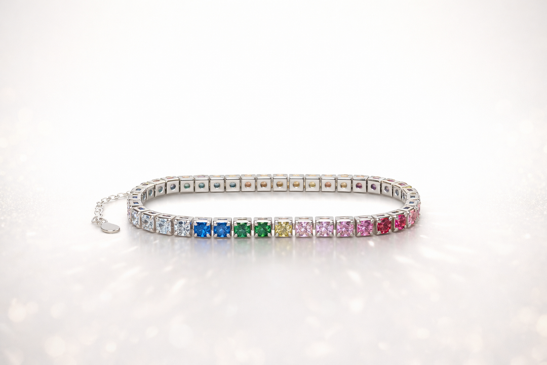 Rainbow Square-Cut Sterling Silver Tennis Bracelet