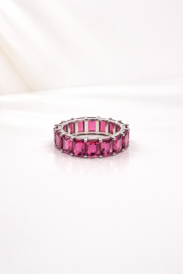 Pink Emerald-Cut Crystal Sterling Silver Eternity Ring