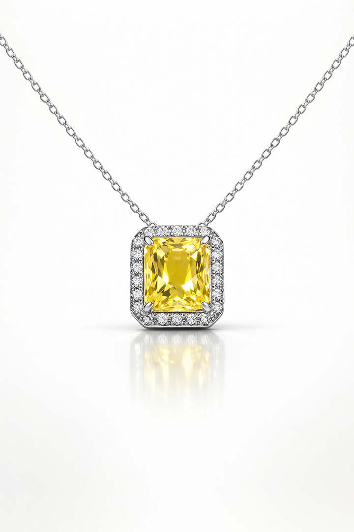 Yellow Cushion-Cut Halo Sterling Silver Pendant Necklace