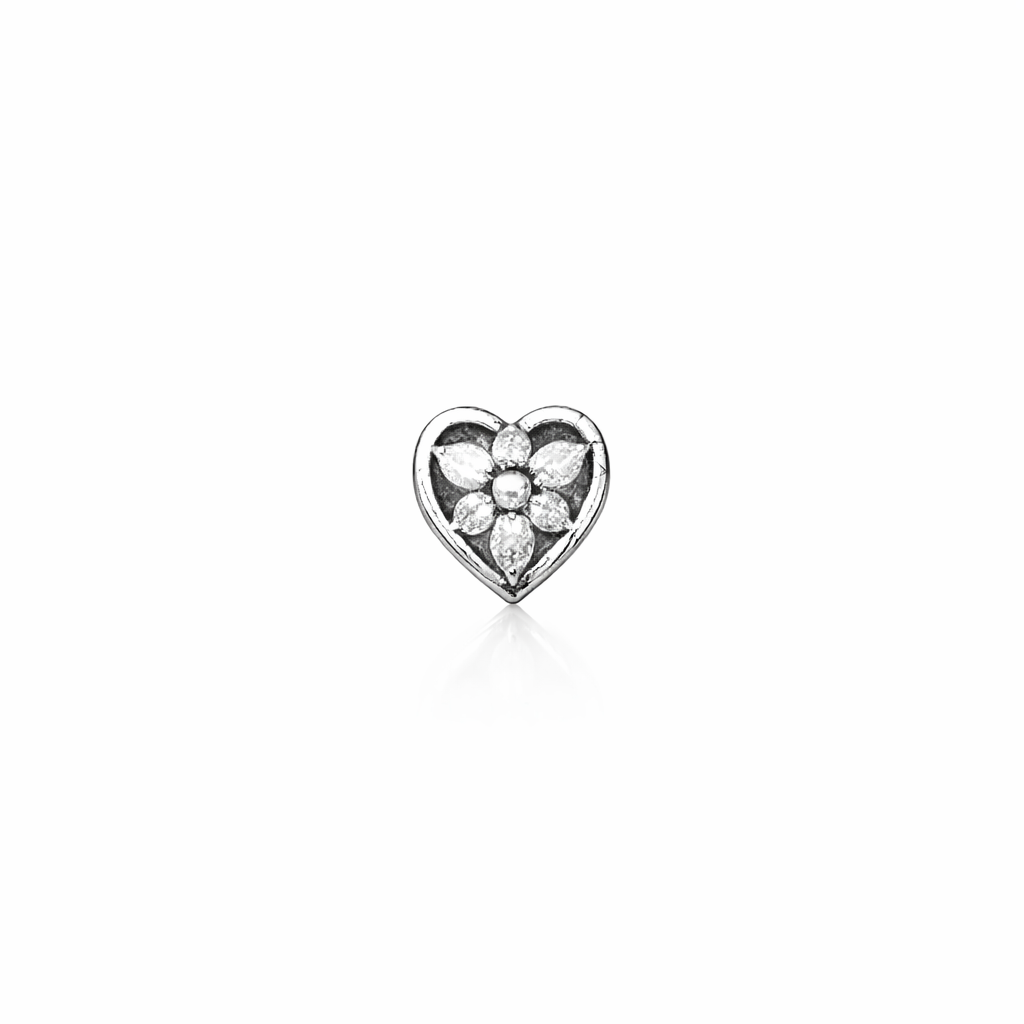 Silver Heart Floral Nose Pin