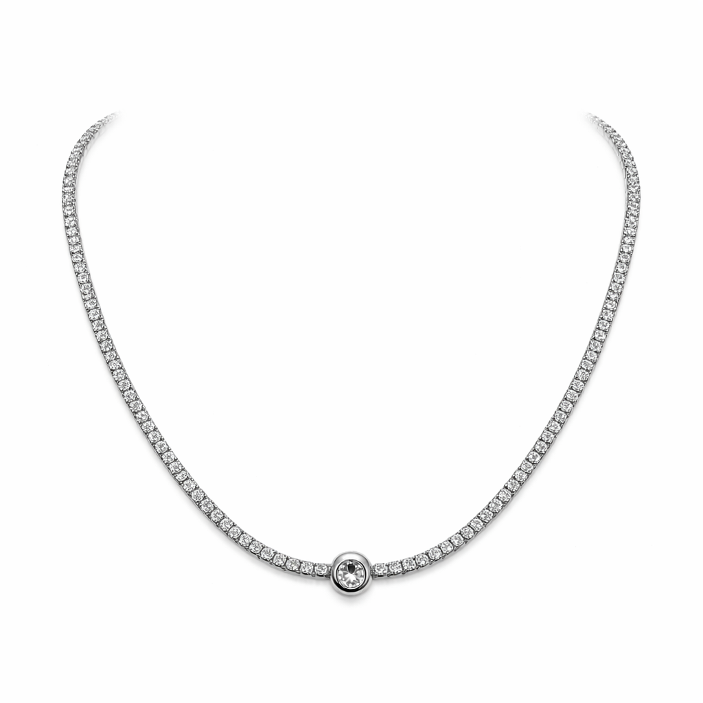 Silver Tennis Necklace with Center Solitaire Charm