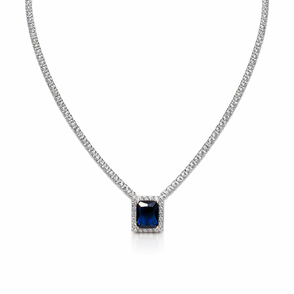 Silver Tennis Necklace with Blue Sapphire Square Pendant