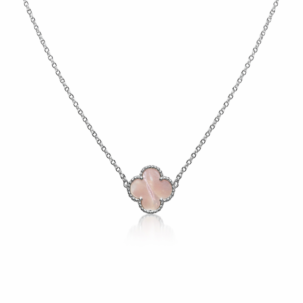 Silver Clover Pendant Necklace with Pink Stone Inlay