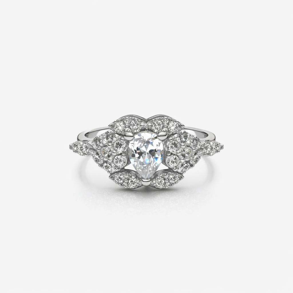 Silver Pear Cut Leaf Halo Ring