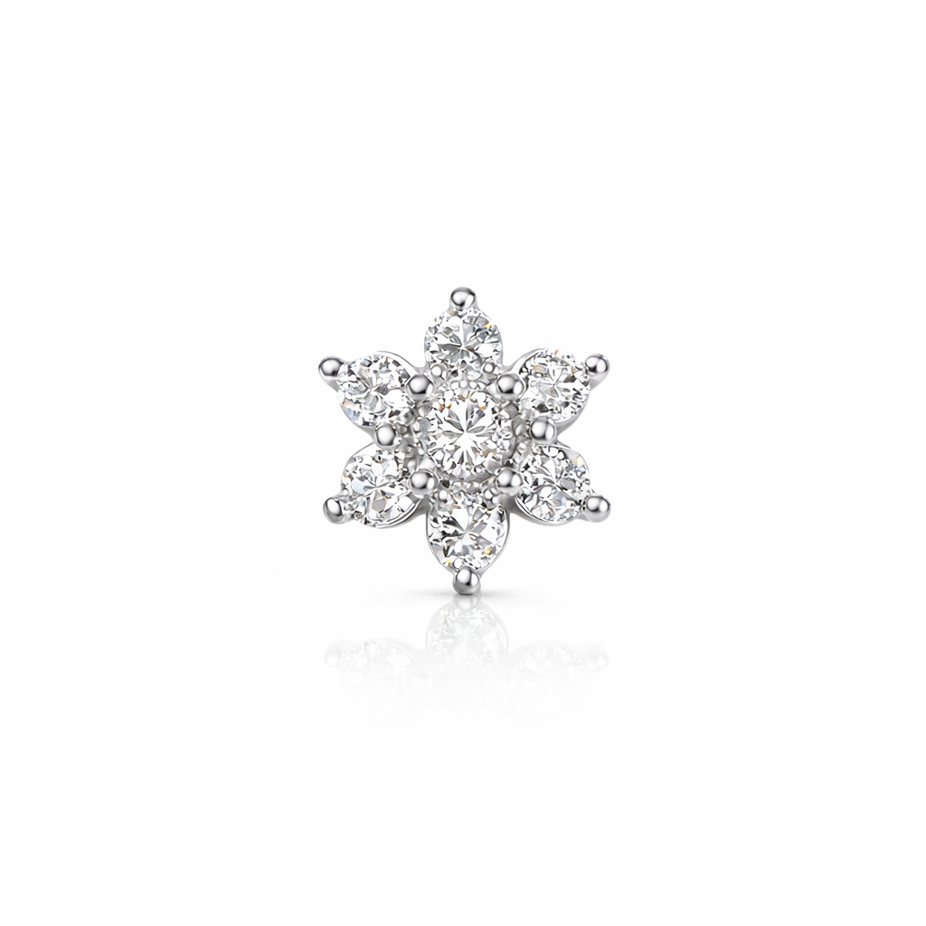 Silver Floral Crystal Nose Pin