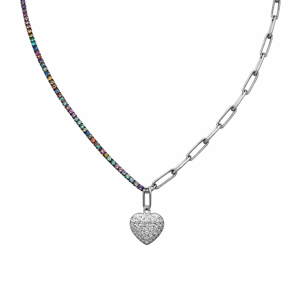 Silver Rainbow Heart Pendant Necklace