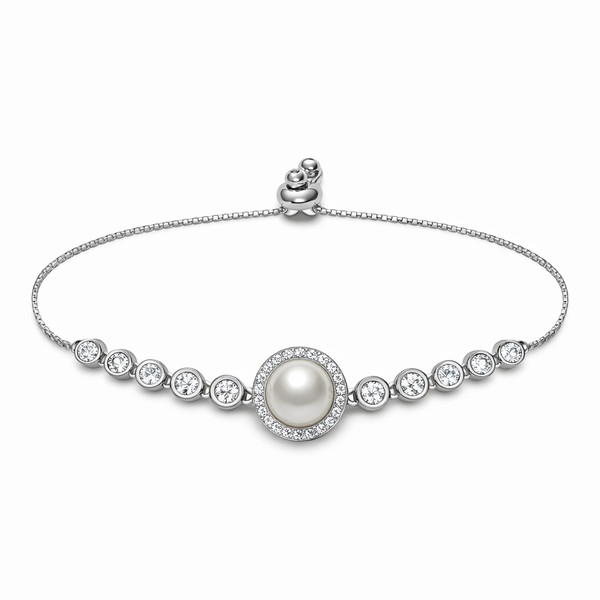 Pearl Center Halo Sterling Silver Adjustable Bracelet