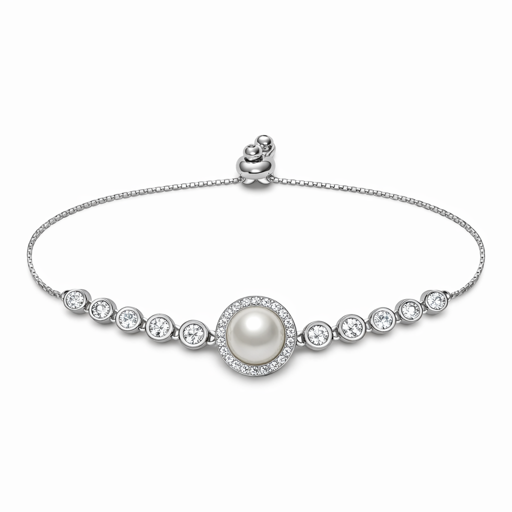 Pearl Center Halo Sterling Silver Adjustable Bracelet