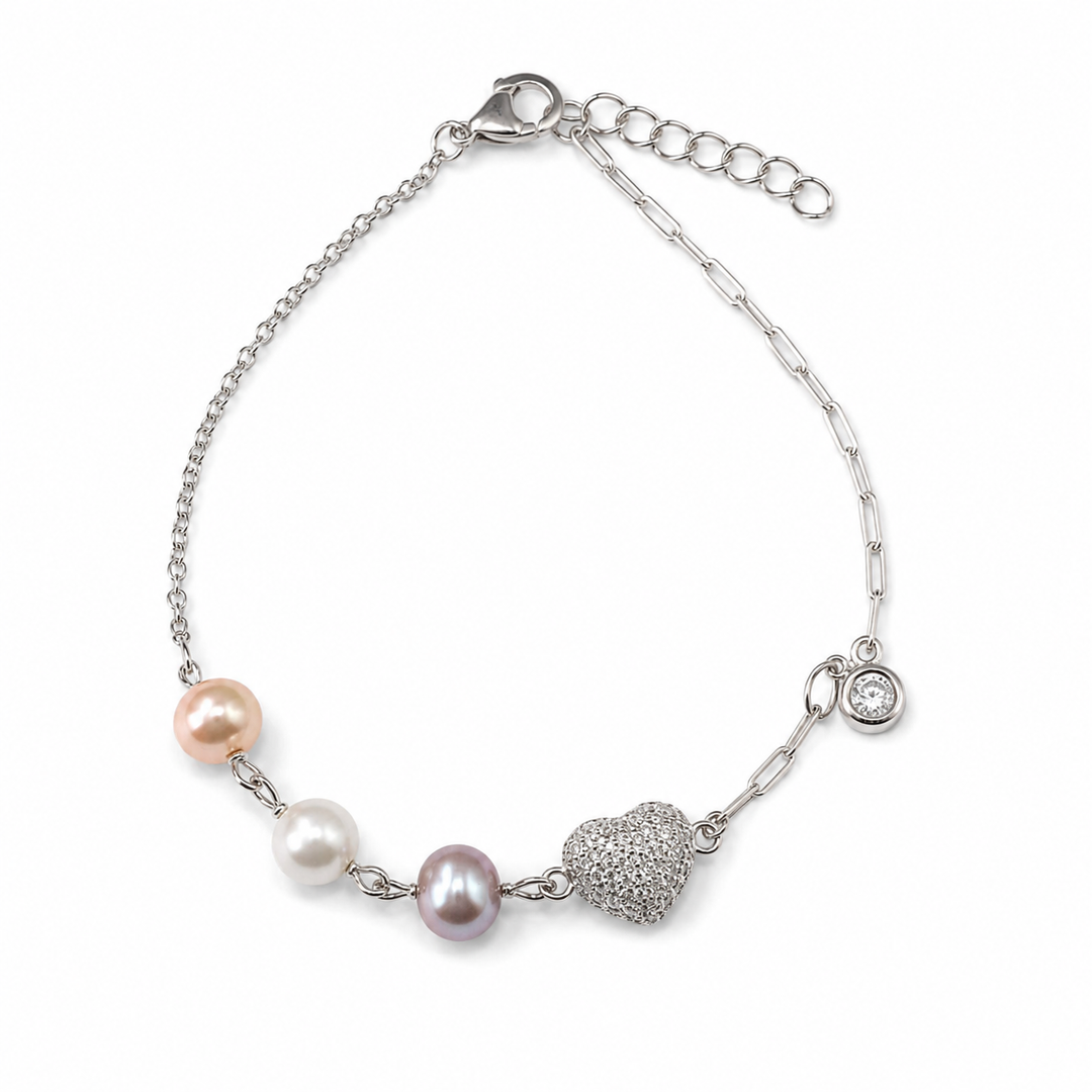 Pastel Pearl Heart Sterling Silver Bracelet