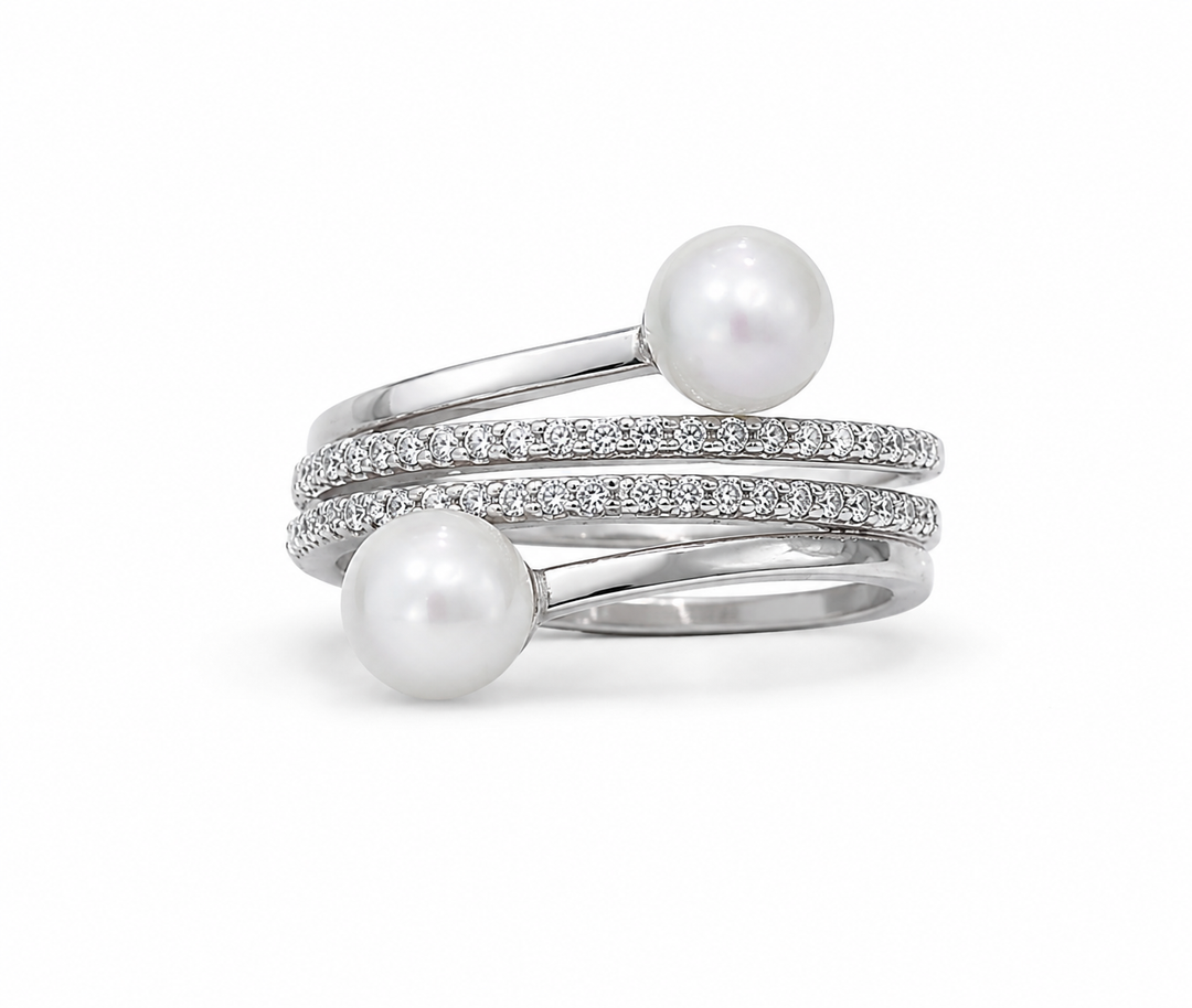 Dual Pearl Wrap Sterling Silver Ring
